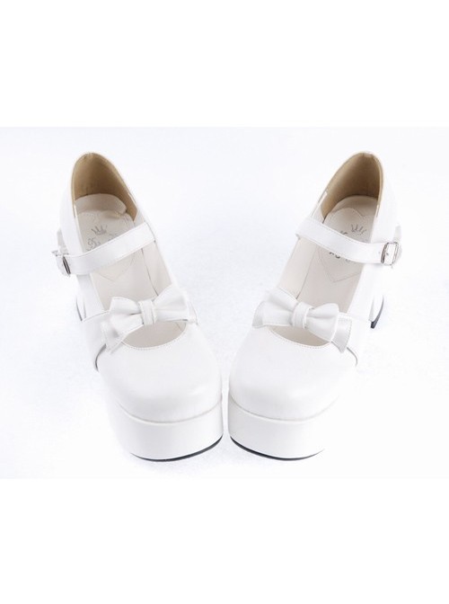 White 3.7" High Heel Adorable Patent Leather Round Toe Strap Bowknot Platform Girls Lolita Shoes