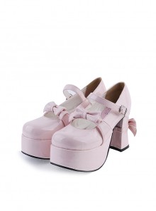 Pink 3.7" High Heel Lovely Polyurethane Round Toe Strap Bow Platform Girls Lolita Shoes
