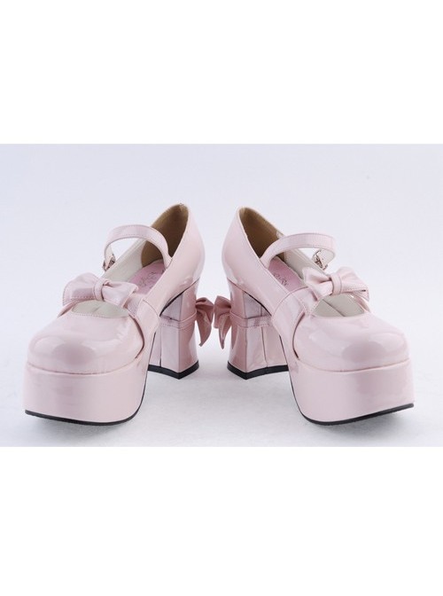 Pink 3.7" High Heel Lovely Polyurethane Round Toe Strap Bow Platform Girls Lolita Shoes