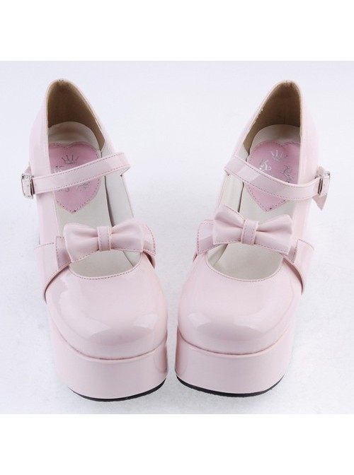 Pink 3.7" High Heel Lovely Polyurethane Round Toe Strap Bow Platform Girls Lolita Shoes