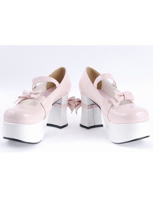 Pink & White 3.7" High Heel Adorable Synthetic Leather Round Toe Strap Bow Decoration Platform Girls Lolita Shoes