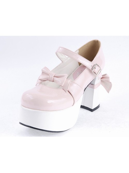 Pink & White 3.7" High Heel Adorable Synthetic Leather Round Toe Strap Bow Decoration Platform Girls Lolita Shoes