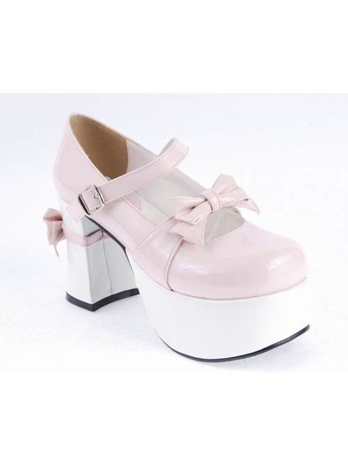 Pink & White 3.7" High Heel Adorable Synthetic Leather Round Toe Strap Bow Decoration Platform Girls Lolita Shoes