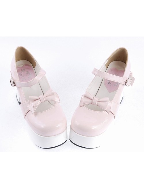 Pink & White 3.7" High Heel Adorable Synthetic Leather Round Toe Strap Bow Decoration Platform Girls Lolita Shoes