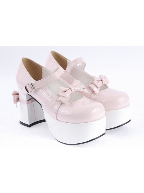 Pink & White 3.7" High Heel Adorable Synthetic Leather Round Toe Strap Bow Decoration Platform Girls Lolita Shoes