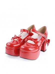 Red 3.7" High Heel Cute PU Round Toe Strap Bowknot Platform Girls Lolita Shoes