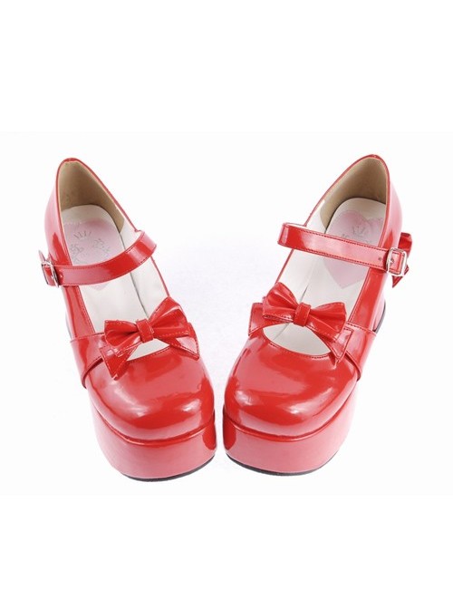 Red 3.7" High Heel Cute PU Round Toe Strap Bowknot Platform Girls Lolita Shoes