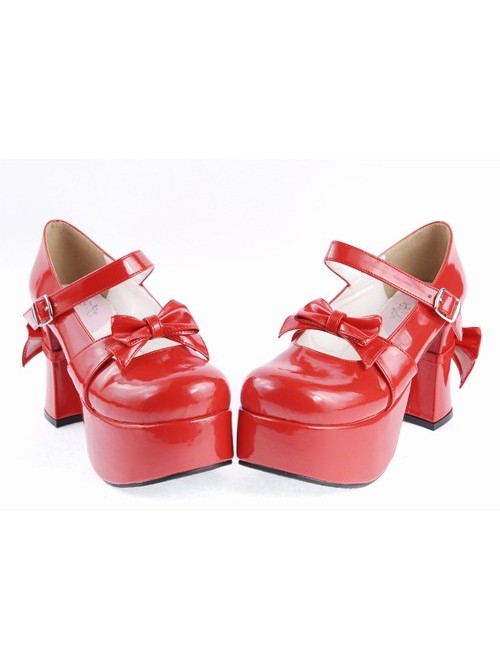 Red 3.7" High Heel Cute PU Round Toe Strap Bowknot Platform Girls Lolita Shoes