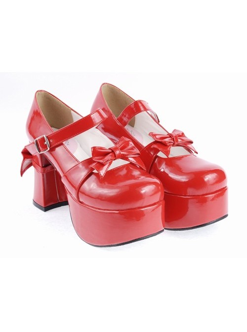 Red 3.7" High Heel Cute PU Round Toe Strap Bowknot Platform Girls Lolita Shoes