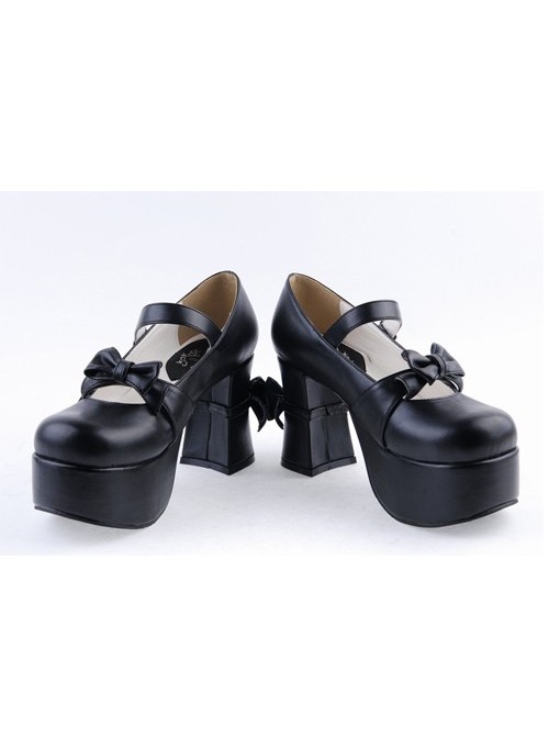 Black 3.7" High Heel Round Toe Strap Bow Platform Classic Lolita Shoes