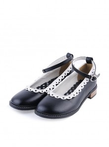 Black 1" High Heel Beautiful Polyurethane Round Toe Ankle Straps Polka Dot Pattern Insole Platform Girls Lolita Shoes