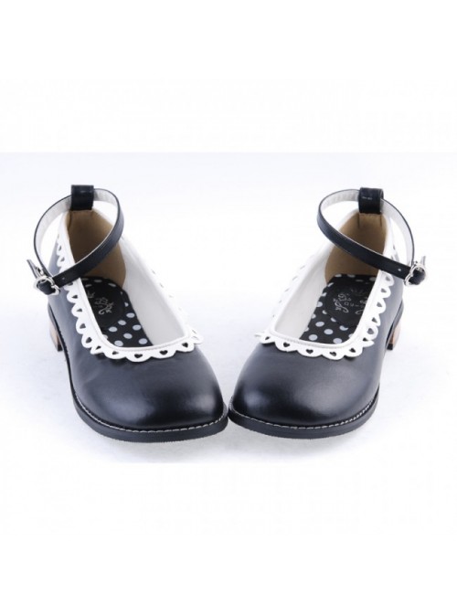 Black 1" High Heel Beautiful Polyurethane Round Toe Ankle Straps Polka Dot Pattern Insole Platform Girls Lolita Shoes