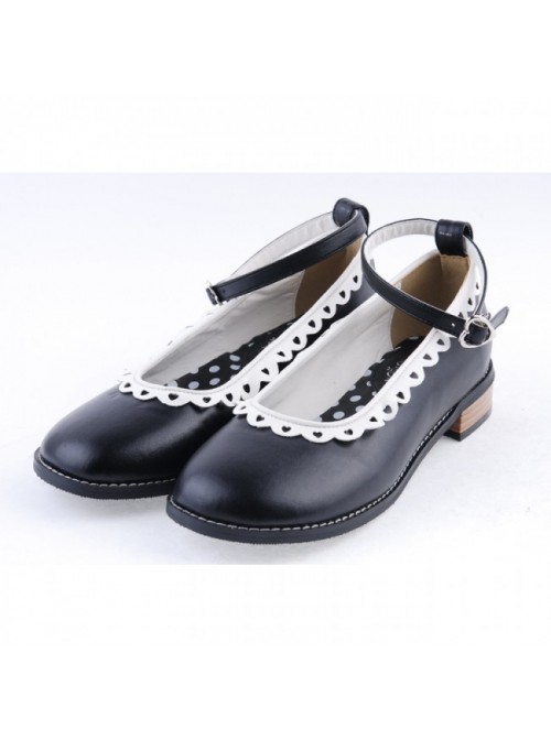 Black 1" High Heel Beautiful Polyurethane Round Toe Ankle Straps Polka Dot Pattern Insole Platform Girls Lolita Shoes