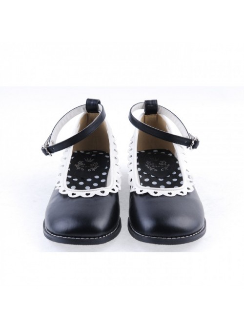 Black 1" High Heel Beautiful Polyurethane Round Toe Ankle Straps Polka Dot Pattern Insole Platform Girls Lolita Shoes