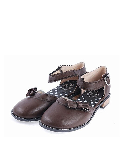 Brown 1" High Heel Stylish Synthetic Leather Round Toe Ankle Straps Bow Decoration Platform Girls Lolita Shoes