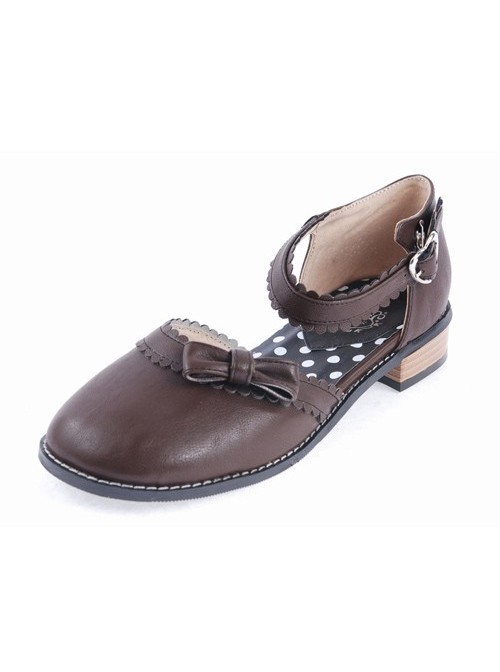 Brown 1" High Heel Stylish Synthetic Leather Round Toe Ankle Straps Bow Decoration Platform Girls Lolita Shoes