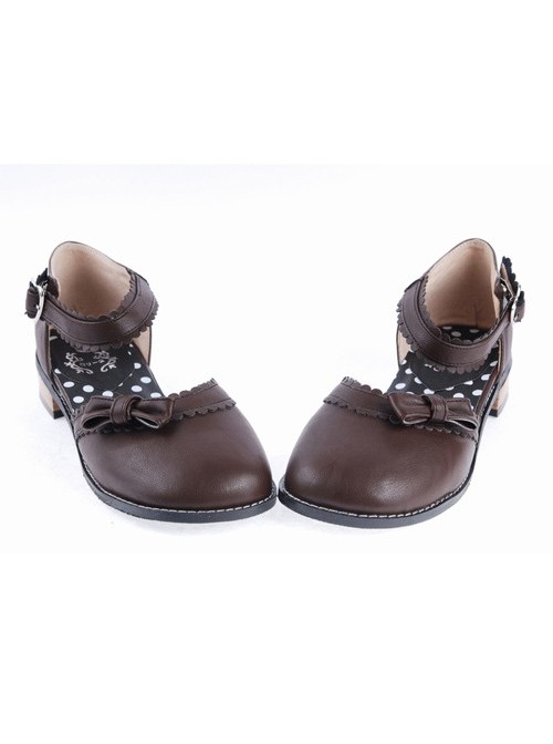 Brown 1" High Heel Stylish Synthetic Leather Round Toe Ankle Straps Bow Decoration Platform Girls Lolita Shoes