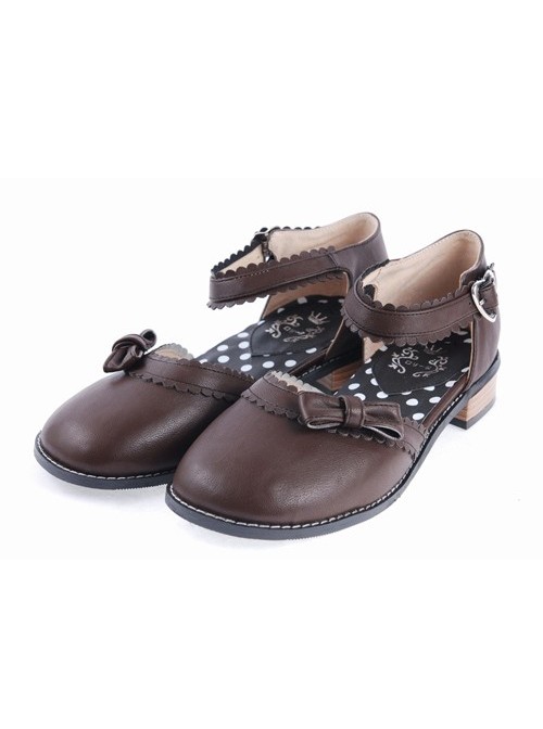 Brown 1" High Heel Stylish Synthetic Leather Round Toe Ankle Straps Bow Decoration Platform Girls Lolita Shoes