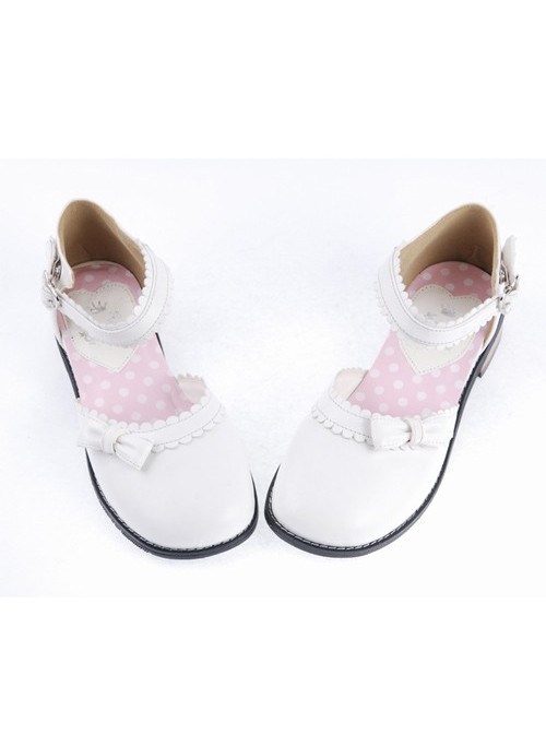 White 1" High Heel Classical PU Round Toe Ankle Straps Bowknot Platform Girls Lolita Shoes