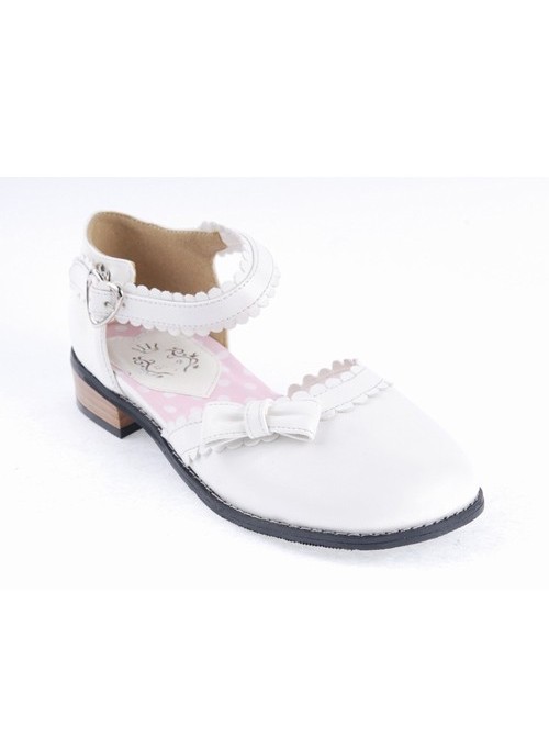 White 1" High Heel Classical PU Round Toe Ankle Straps Bowknot Platform Girls Lolita Shoes