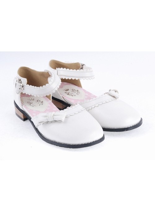 White 1" High Heel Classical PU Round Toe Ankle Straps Bowknot Platform Girls Lolita Shoes