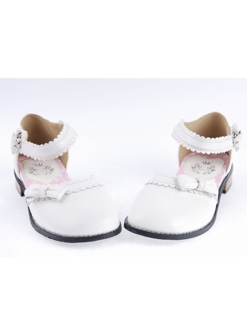 White 1" High Heel Classical PU Round Toe Ankle Straps Bowknot Platform Girls Lolita Shoes