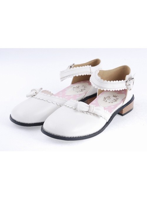 White 1" High Heel Classical PU Round Toe Ankle Straps Bowknot Platform Girls Lolita Shoes