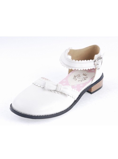 White 1" High Heel Classical PU Round Toe Ankle Straps Bowknot Platform Girls Lolita Shoes