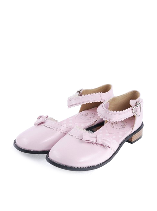 Pink 1" High Heel Special Patent Leather Round Toe Ankle Straps Polka Dot Pattern Insole Platform Girls Lolita Shoes