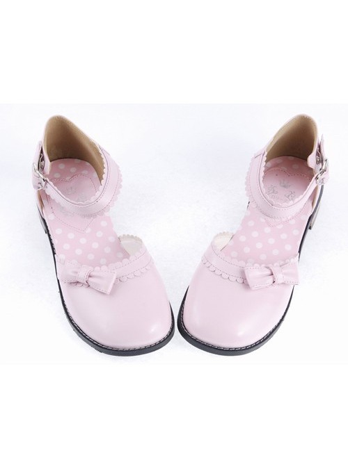 Pink 1" High Heel Special Patent Leather Round Toe Ankle Straps Polka Dot Pattern Insole Platform Girls Lolita Shoes