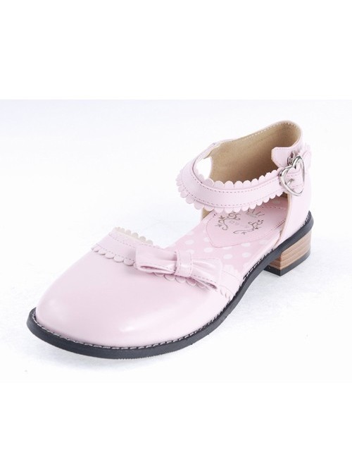 Pink 1" High Heel Special Patent Leather Round Toe Ankle Straps Polka Dot Pattern Insole Platform Girls Lolita Shoes