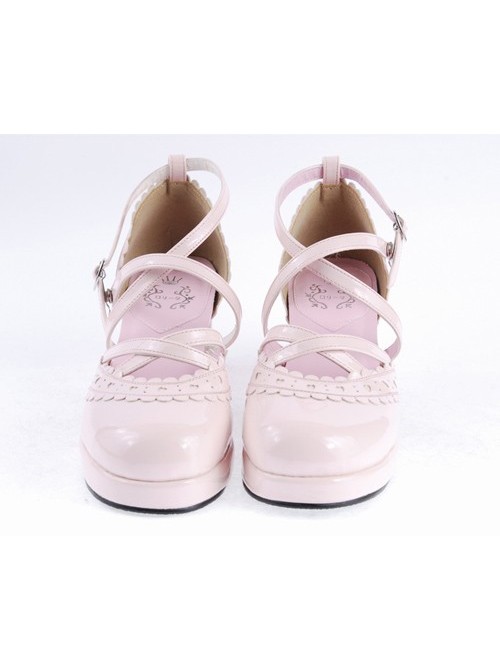 Pink 2.6" High Heel Sexy Synthetic Leather Round Toe Criss Cross Straps Scalloped Platform Girls Lolita Shoes