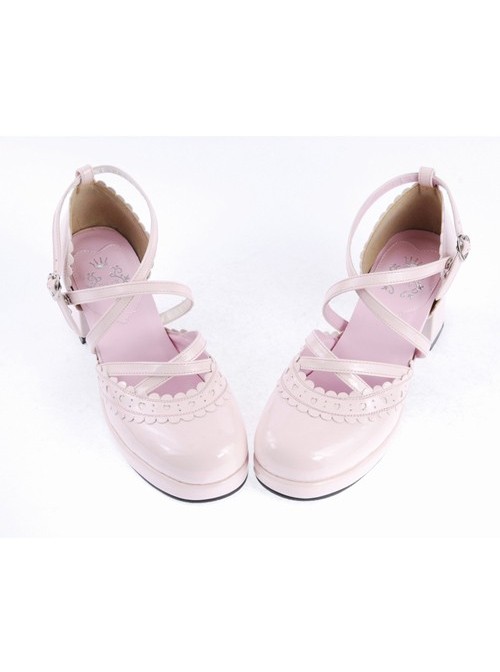 Pink 2.6" High Heel Sexy Synthetic Leather Round Toe Criss Cross Straps Scalloped Platform Girls Lolita Shoes