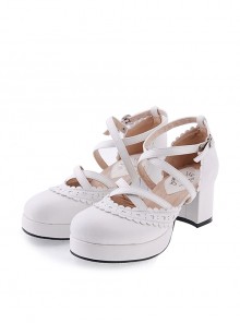 White 2.6" High Heel Elegant PU Round Toe Criss Cross Straps Scalloped Platform Girls Lolita Shoes