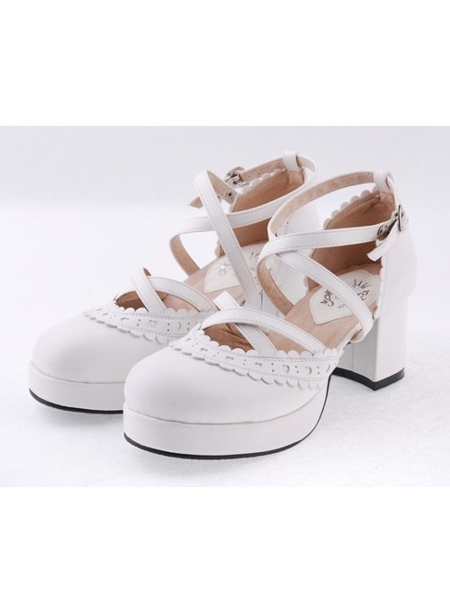 White 2.6" High Heel Elegant PU Round Toe Criss Cross Straps Scalloped Platform Girls Lolita Shoes