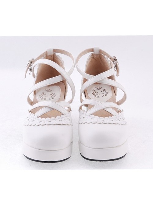 White 2.6" High Heel Elegant PU Round Toe Criss Cross Straps Scalloped Platform Girls Lolita Shoes