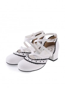 White & Black 2.6" High Heel Gorgeous Patent Leather Round Toe Criss Cross Straps Scalloped Platform Girls Lolita Shoes