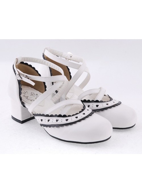 White & Black 2.6" High Heel Gorgeous Patent Leather Round Toe Criss Cross Straps Scalloped Platform Girls Lolita Shoes