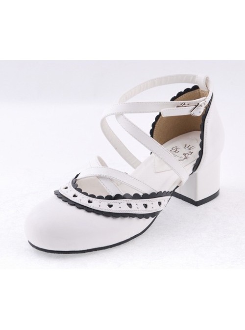 White & Black 2.6" High Heel Gorgeous Patent Leather Round Toe Criss Cross Straps Scalloped Platform Girls Lolita Shoes