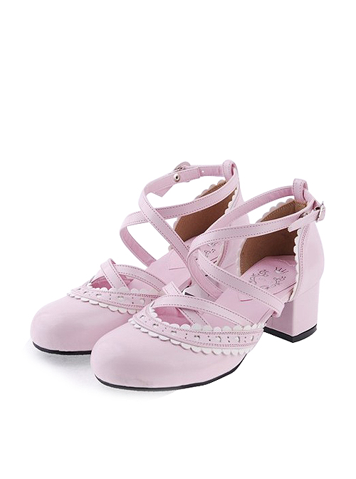 Pink & White 2.6" High Heel Glamorous Polyurethane Round Toe Criss Cross Straps Scalloped Platform Girls Lolita Shoes