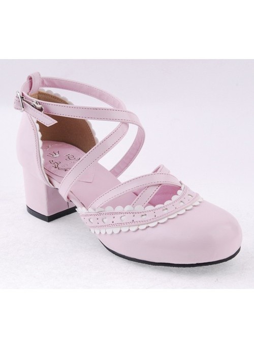 Pink & White 2.6" High Heel Glamorous Polyurethane Round Toe Criss Cross Straps Scalloped Platform Girls Lolita Shoes