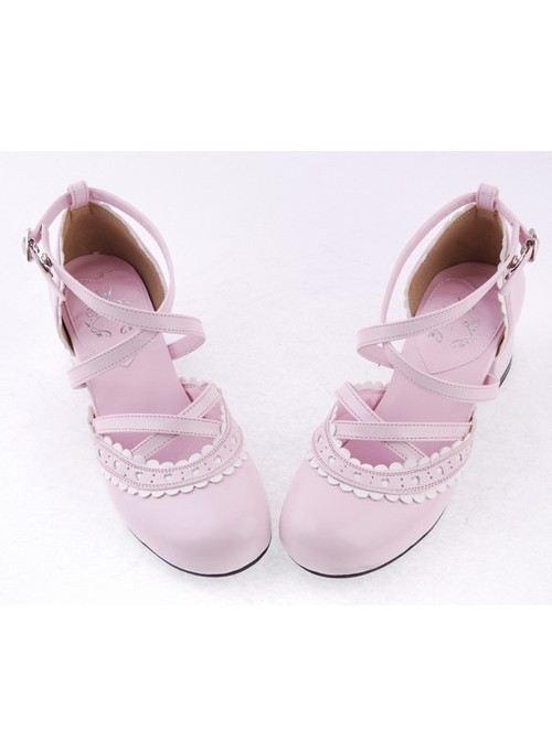 Pink & White 2.6" High Heel Glamorous Polyurethane Round Toe Criss Cross Straps Scalloped Platform Girls Lolita Shoes