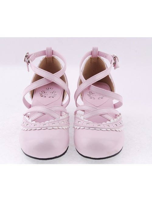 Pink & White 2.6" High Heel Glamorous Polyurethane Round Toe Criss Cross Straps Scalloped Platform Girls Lolita Shoes