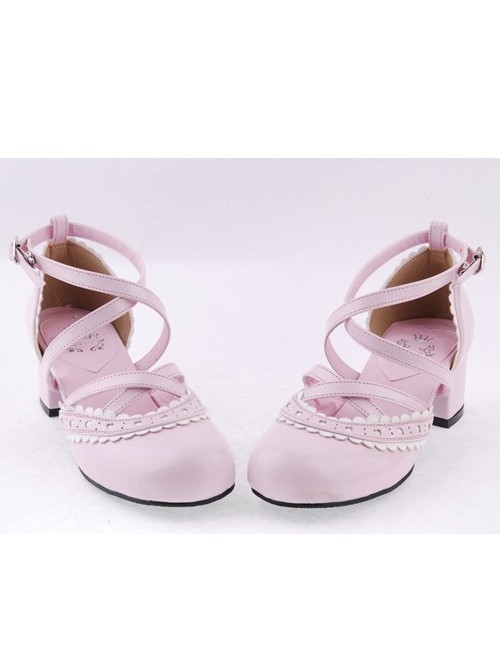 Pink & White 2.6" High Heel Glamorous Polyurethane Round Toe Criss Cross Straps Scalloped Platform Girls Lolita Shoes