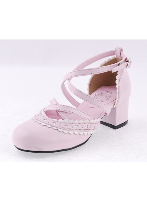 Pink & White 2.6" High Heel Glamorous Polyurethane Round Toe Criss Cross Straps Scalloped Platform Girls Lolita Shoes
