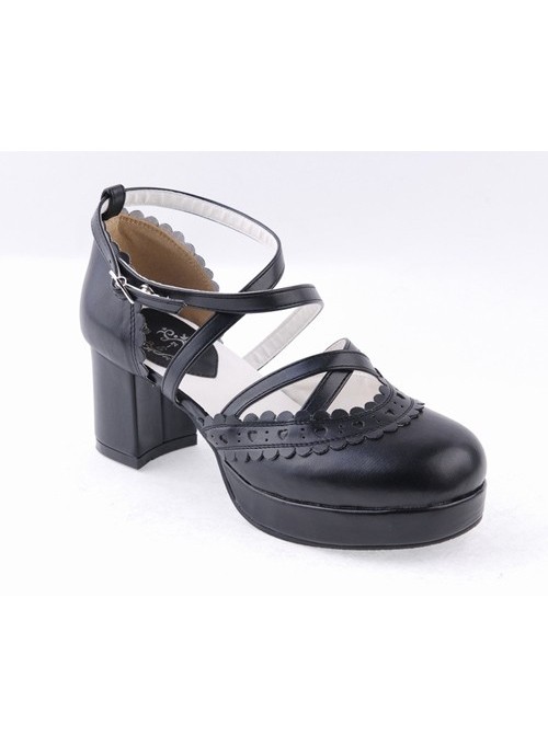 Black 2.6" High Heel Romantic Synthetic Leather Round Toe Criss Cross Straps Scalloped Platform Girls Lolita Shoes