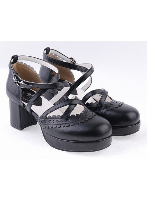 Black 2.6" High Heel Romantic Synthetic Leather Round Toe Criss Cross Straps Scalloped Platform Girls Lolita Shoes
