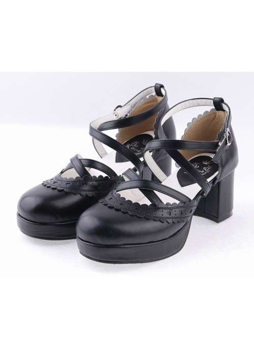 Black 2.6" High Heel Romantic Synthetic Leather Round Toe Criss Cross Straps Scalloped Platform Girls Lolita Shoes