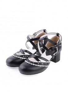 Black & White 2.6" High Heel Lovely PU Round Toe Criss Cross Straps Scalloped Platform Girls Lolita Shoes