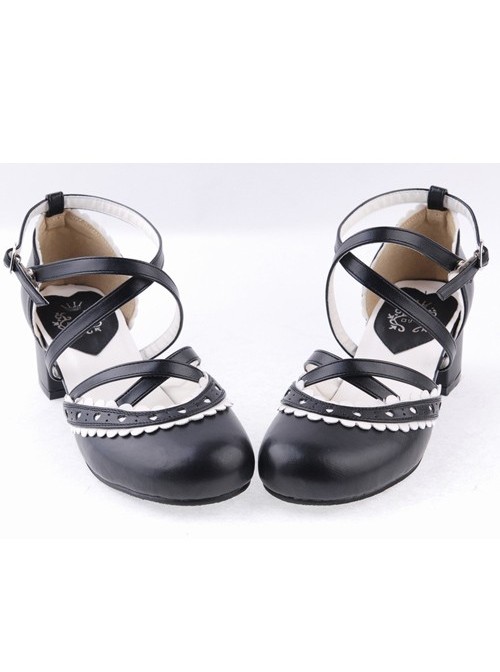 Black & White 2.6" High Heel Lovely PU Round Toe Criss Cross Straps Scalloped Platform Girls Lolita Shoes